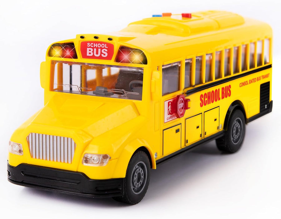 Yellow School Bus Toy with Flashing Lights & Sound, Friction Powered 1/16 Scale School Bus Toy for Kids with 4 Different Sounds & Lights, Back and Side Doors Open, Great Gift Idea for Kids Ages 3+