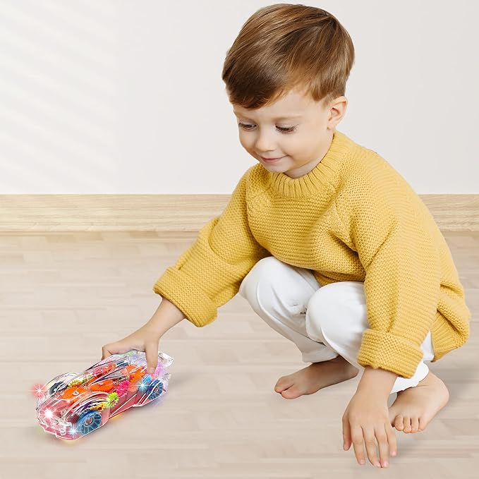 Light Up Car Transparent Gear Racer Toy Car for Kids, 1PC, Bump and Go Toy car with Colorful Moving Gears, Music, and LED Effects, Fun kids Car Toys for Boys, Great Birthday gifts For 3 Year Old Boys