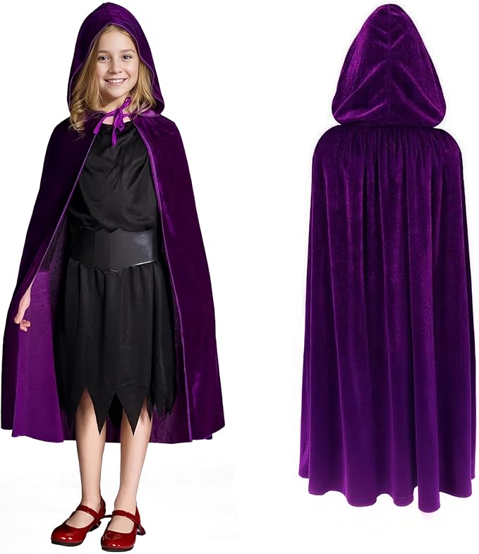 Velvet Purple Hooded Cloak for Kids, 3ft Long Kids Cloak, Dark Purple Cape with Hood and String Closure, Vampire Cape for Kids, Witches Cloak for Toddlers - Purple Wizard Robe for Kids