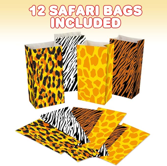 Safari Theme Party Favor Bags - Pack of 12 - Animal Print Goody Gift Bags with 4 Designs - Durable Treat Goodie Bags - Zoo, Jungle Party Supplies for Birthday, Baby Shower