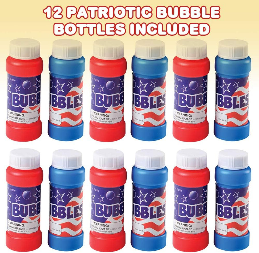 Patriotic Bubble Blower Bottles with Wands, Set of 12, July 4th Bubble Toys for Kids with 2oz of Solution, Outdoor Summer Fun, Party Favors for Independence, Memorial, and Veterans Day