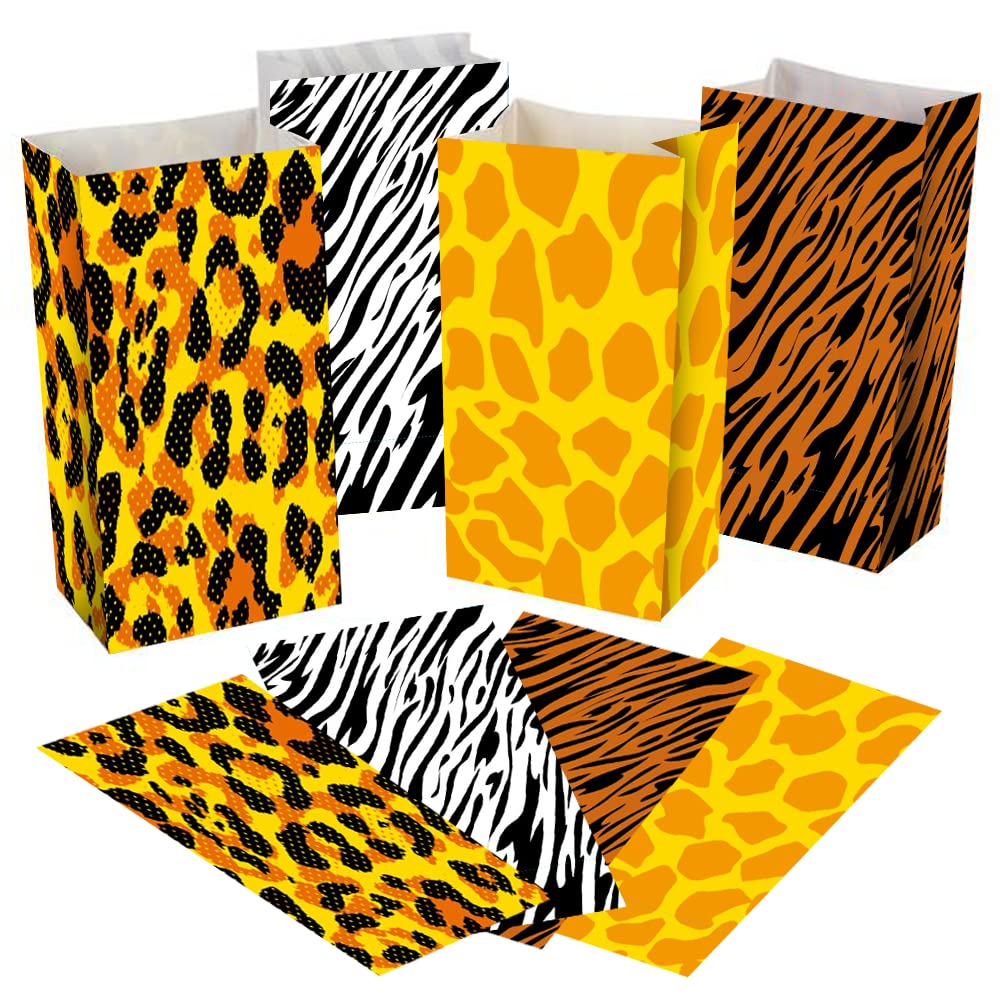 Safari Theme Party Favor Bags - Pack of 12 - Animal Print Goody Gift Bags with 4 Designs - Durable Treat Goodie Bags - Zoo, Jungle Party Supplies for Birthday, Baby Shower