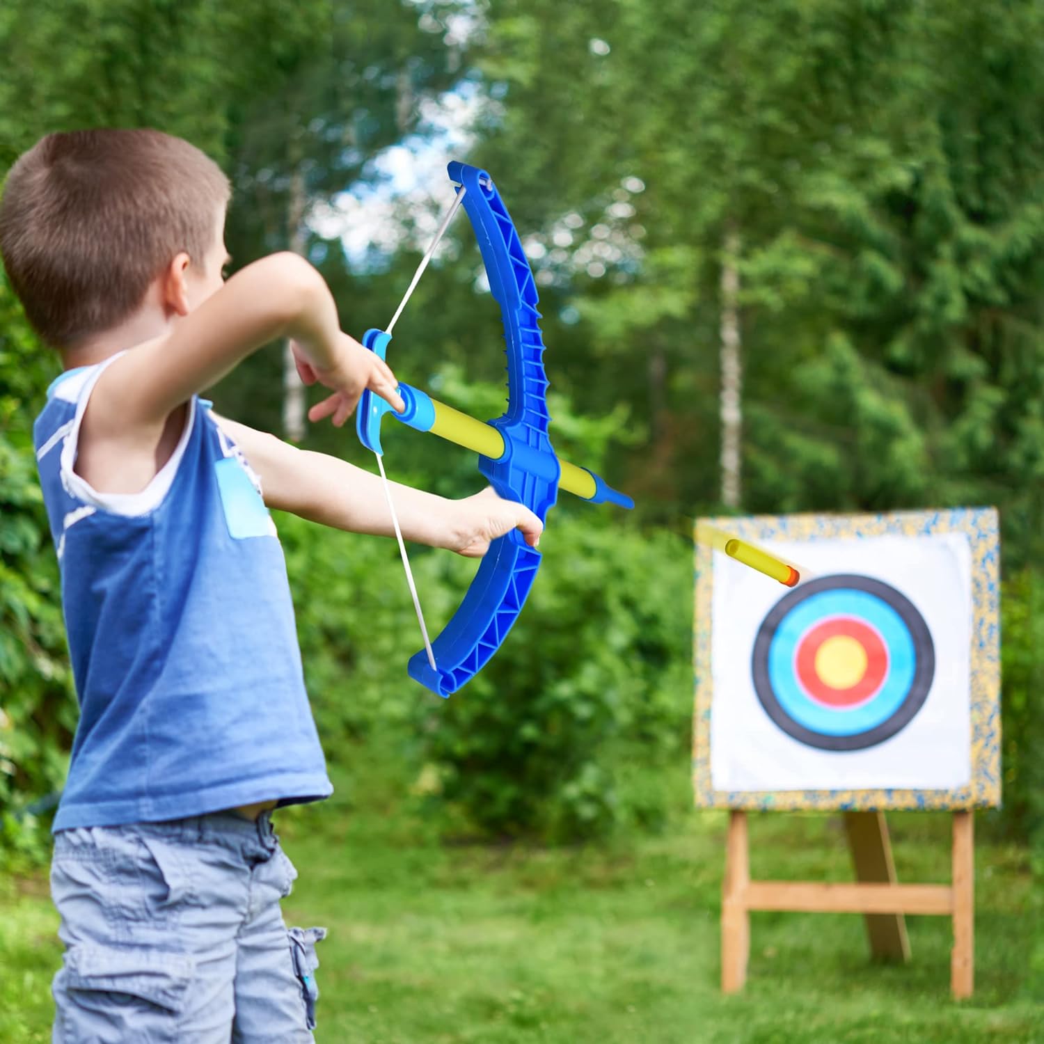 Blue Super Bow & Arrow Shooter Set, Includes Air-Powered Bow, Barrel, Six Soft Foam Darts