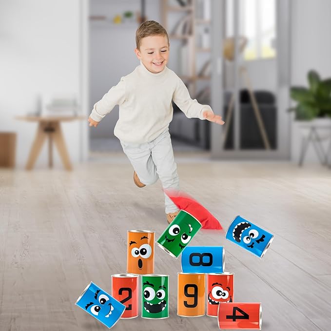 Halloween Carnival Bean Bag Toss Game - Halloween Party Game with 10 Tin Cans and 3 Bean Bags - Indoor and Outdoor Halloween Party Activity for Kids - Tossing Game for Kids 3 and Up