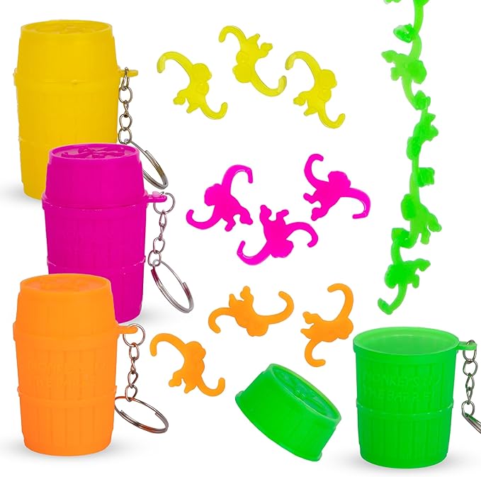 Gamie Mini Monkey in a Barrel Keychains for Kids - Set of 12 - Retro Fidget Friendly Keychains with 10 Monkeys in Each Barrel - Monkey Party Favors - Jungle Party Supplies - Pinata Stuffers