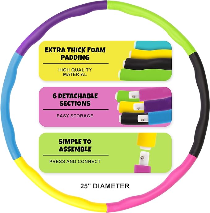 ArtCreativity Weighted Hula Hoop for Kids - 2lb Weighted Hoola Hoop Toy for Exercise, 6 Section Detachable Hoola Hoops, Soft Padded & Portable, Kids’ Exercise Equipment & Outdoor Toy for Fun Workouts