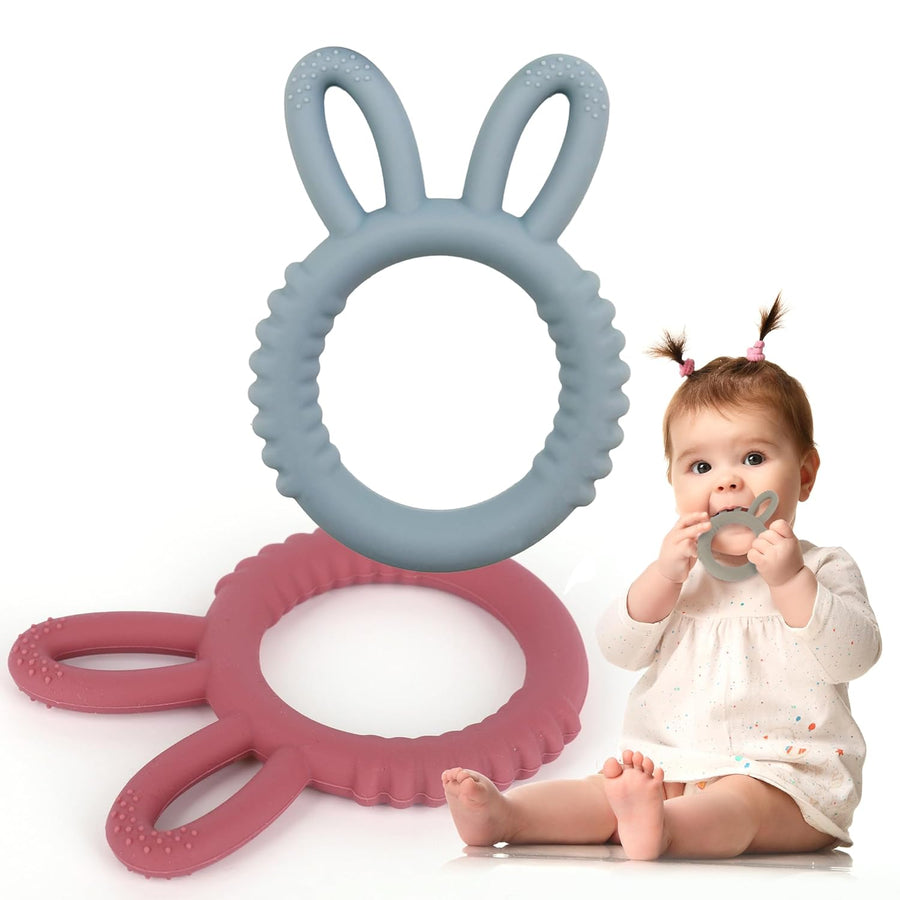 Bunny Teethers for Baby - Set of 2 Teething Rings - Silicone Baby Teething Toys - Easter Basket Stuffers for Babies - Soft Fidget Easter Infant Gift - Teethers for Boys and Girls
