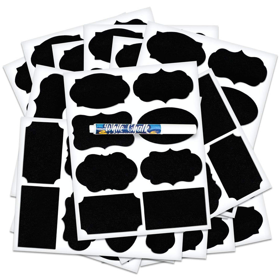 ArtCreativity Pack of 120 Chalkboard Labels for Buckets with a Liquid Chalk Marker, Waterproof and Erasable Stickers in Assorted Designs, Reusable Chalk Board Labels for Jars and Art & Craft Supplies