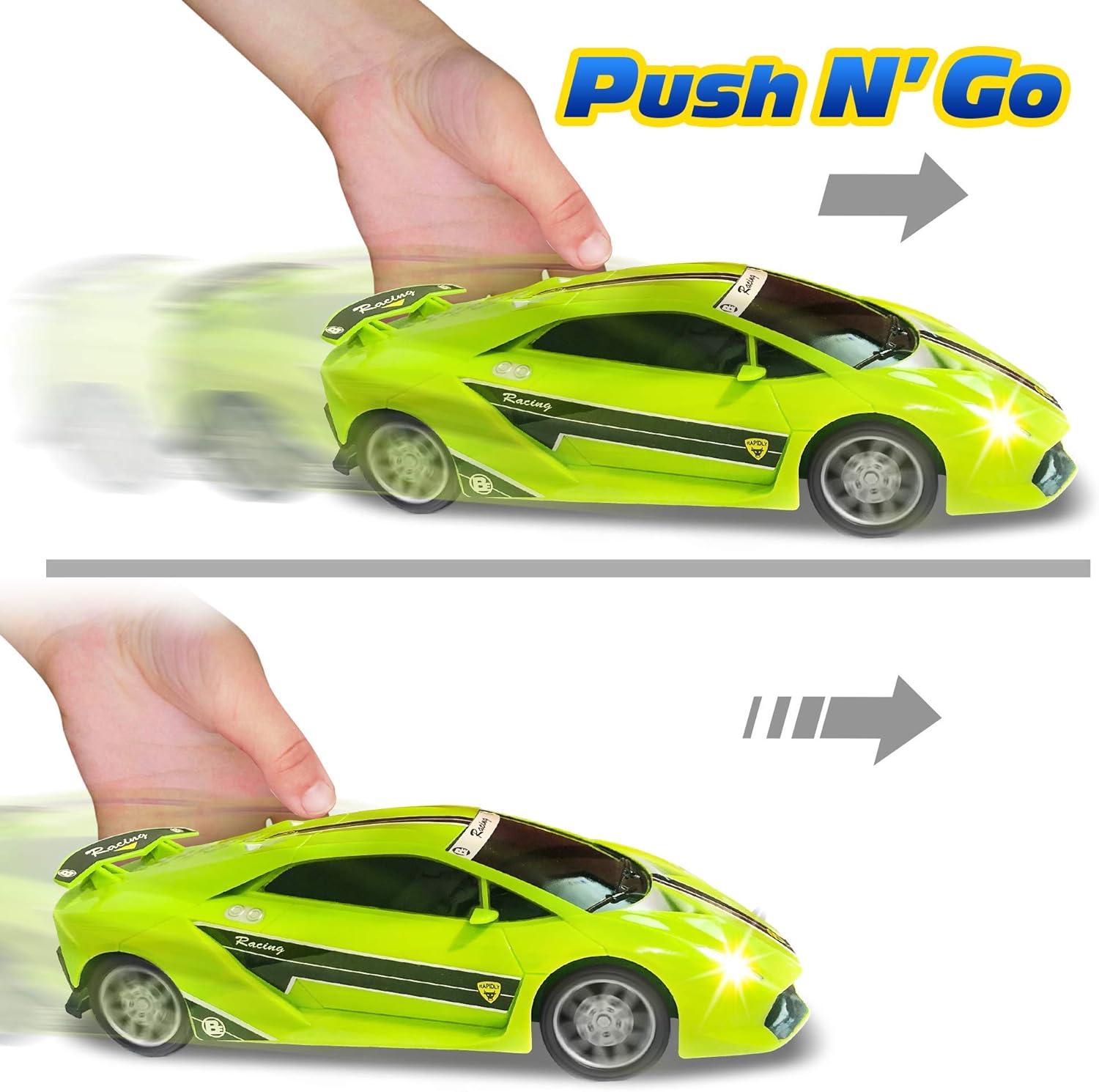 ArtCreativity Green Racer Car with Lights and Sounds, Light-Up Push n Go Racer Car for Kids, LED Headlights and Engine Sound, Best Birthday Gift for Boys, Girls, Toddlers Ages 3+