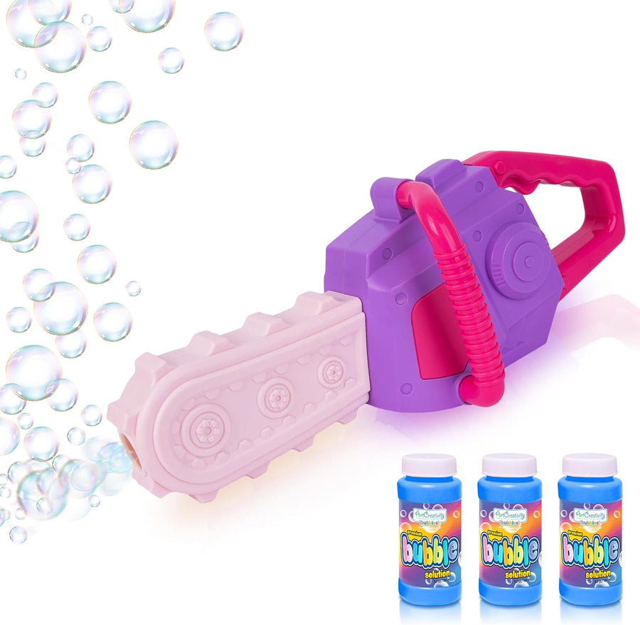 Bubble Chainsaw for Kids, Electronic Bubble Blower Machine with Bubble Solution Included, Bubble Machine with Realistic Sound, Outdoor Pretend Play Landscaping Toy for Kids Pink & Purple