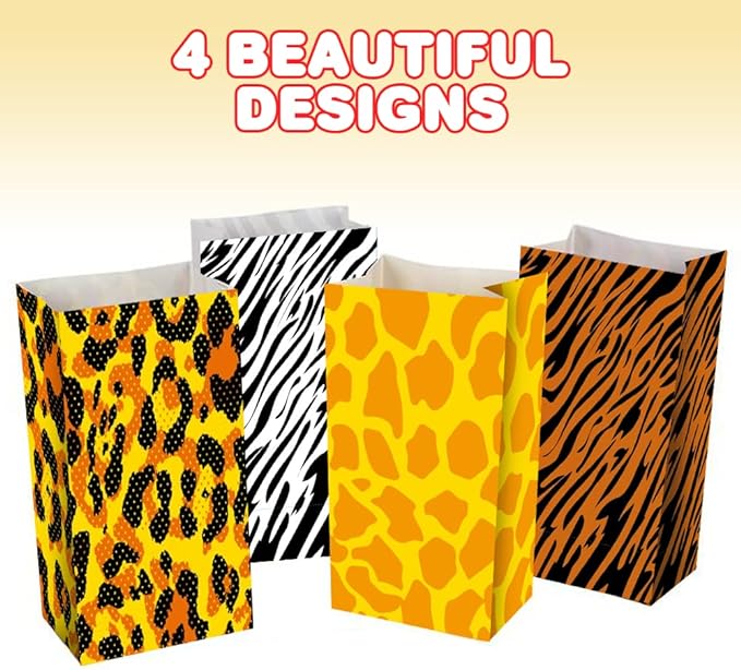 Safari Theme Party Favor Bags - Pack of 12 - Animal Print Goody Gift Bags with 4 Designs - Durable Treat Goodie Bags - Zoo, Jungle Party Supplies for Birthday, Baby Shower