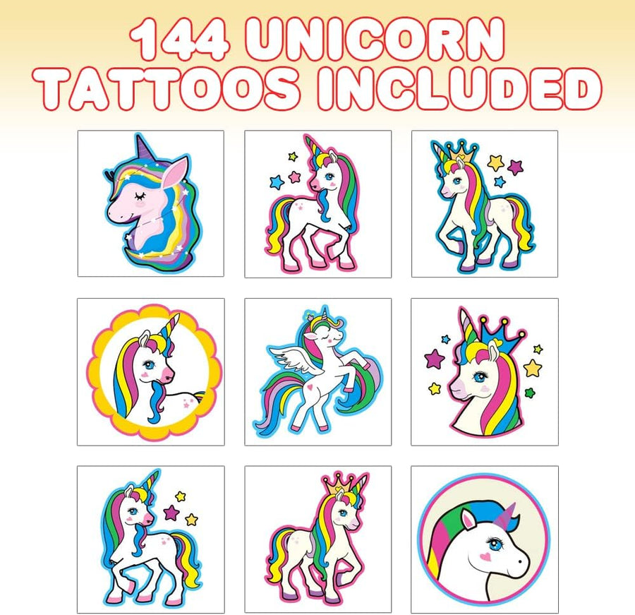 ArtCreativity Unicorn Temporary Tattoos for Kids - Bulk Pack of 144 in Assorted Designs, Non-Toxic 2 Inch Tats, Unicorn Themed Birthday Party Favors, Goodie Bag Fillers, Non-Candy Halloween Treats