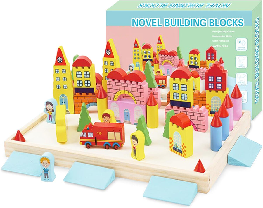 ArtCreativity Wooden Town Playset for Kids - 55 Piece Block City Set - Wooden City Building Blocks Play Set with Buildings, Trees, Vehicles, and People - Wooden Tray for Storage and Display