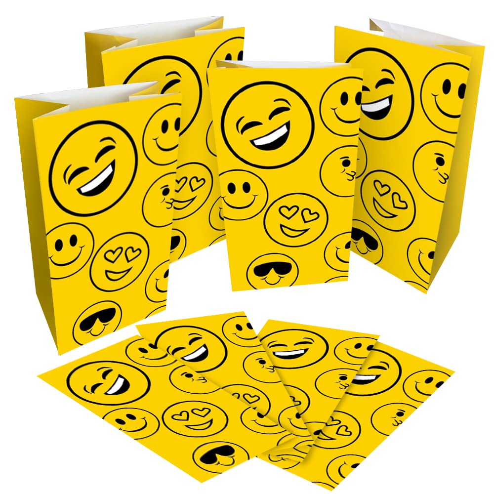ArtCreativity Emoticon Party Favor Bags, Pack of 12, Emoticon Themed Goodie Gift Paper Bags, Durable Treat Bags, Emoticon Party Supplies and Favors for Birthday, Baby Shower, Holiday Goodies