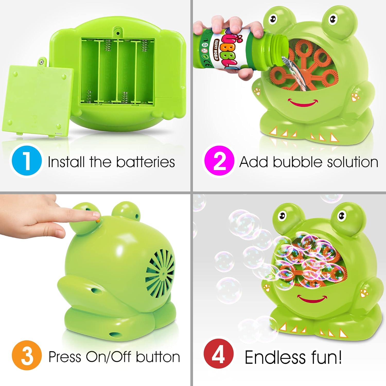 Frog Bubble Machine Set for Kids - 2 Pack - Includes 2 Bubbles Blowing Toys and 2 Bottles of Solution - Fun Summer Outdoor or Party Activity - Best Gift for Boys, Girls, and Toddlers