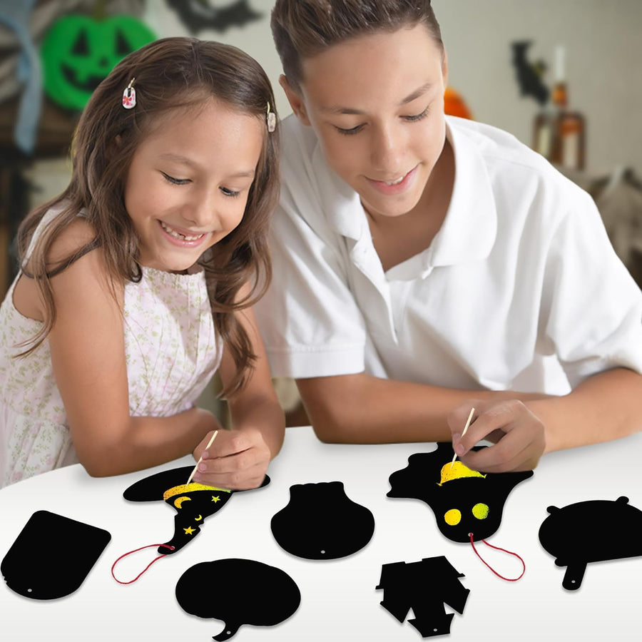 Halloween Scratch Art for Kids - 60 Sets of Scratch Paper - Halloween Crafts (Bulk) with 60 Designs, 60 Sticks, & 60 Pieces of Red String - Scratch Art Party Favors for Kids Classroom