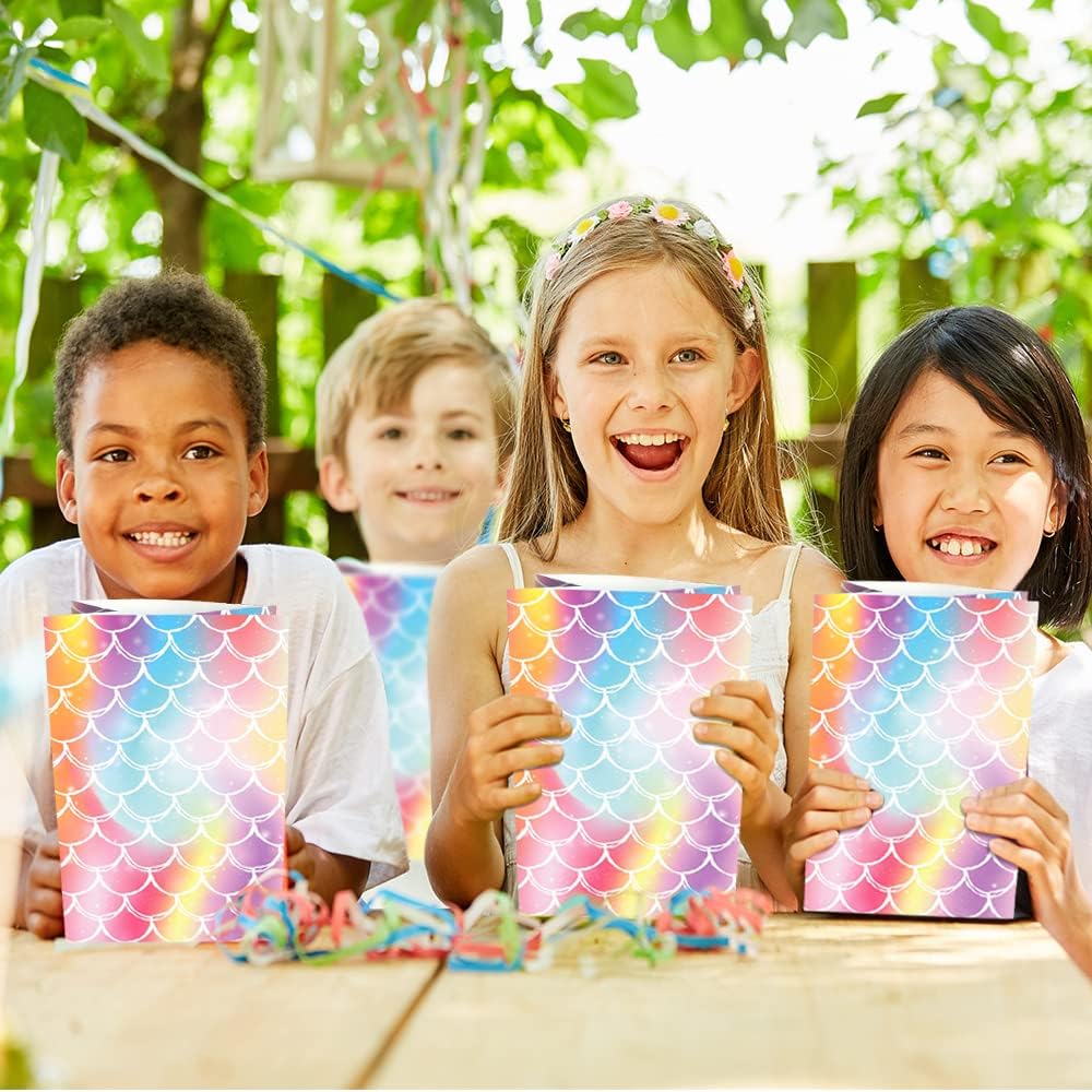 ArtCreativity Mermaid Scale Party Favor Bags, Pack of 12, Mermaid Themed Goodie Gift Paper Bags, Durable Treat Bags, Underwater Party Supplies & Favors for Birthday, Baby Shower, Holiday Goodies