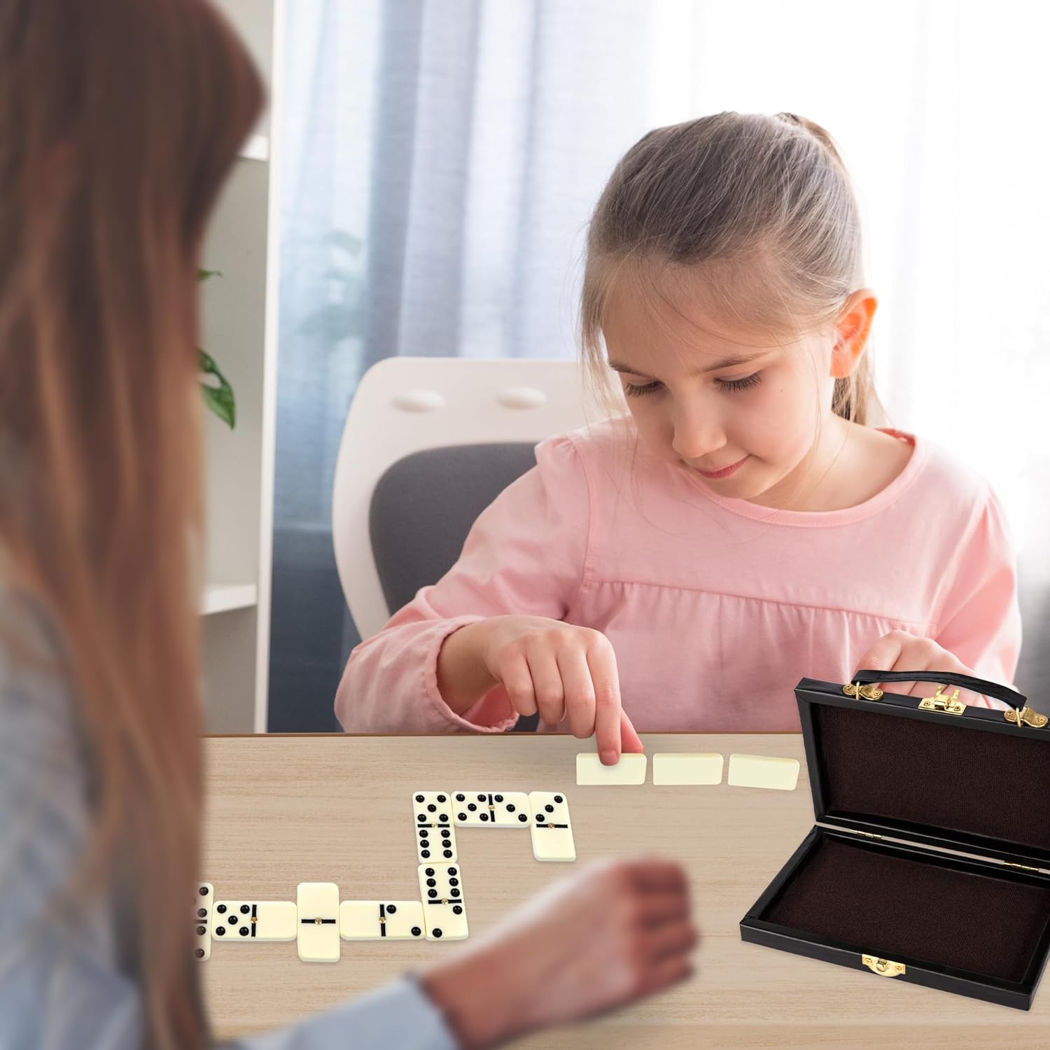 Double Six Dominoes Game in Faux Leather Case, 28 Dominos Tiles for Kids, Fun Educational Toy Classroom Kit, Classic Set of Dominoes for Travel in Gift Box