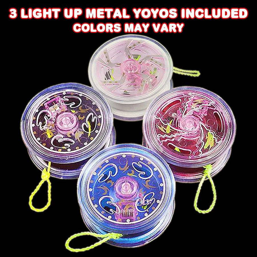 ArtCreativity Light Up Metal Yoyos for Kids, Set of 3, Classic Yo-Yo Toys with Flashing LEDs, Light-Up Birthday Party Favors, Goodie Bag Fillers, Holiday Stocking Stuffers, Classroom Prizes