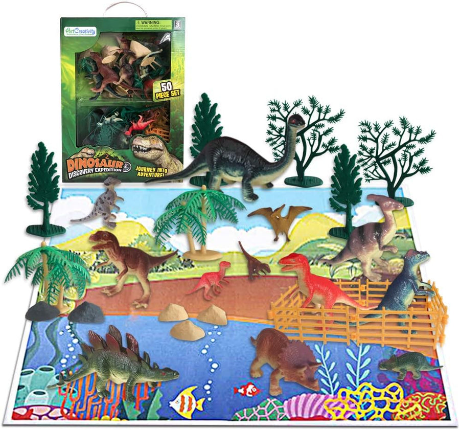 50 Piece Dinosaur Play Set, Dino Playset with Various Dinosaurs, Trees, Rocks, Fence, and Play Mat, Dinosaur Toys Box Set for Boys and Girls, Best Dinosaur Birthday Gift for Kids