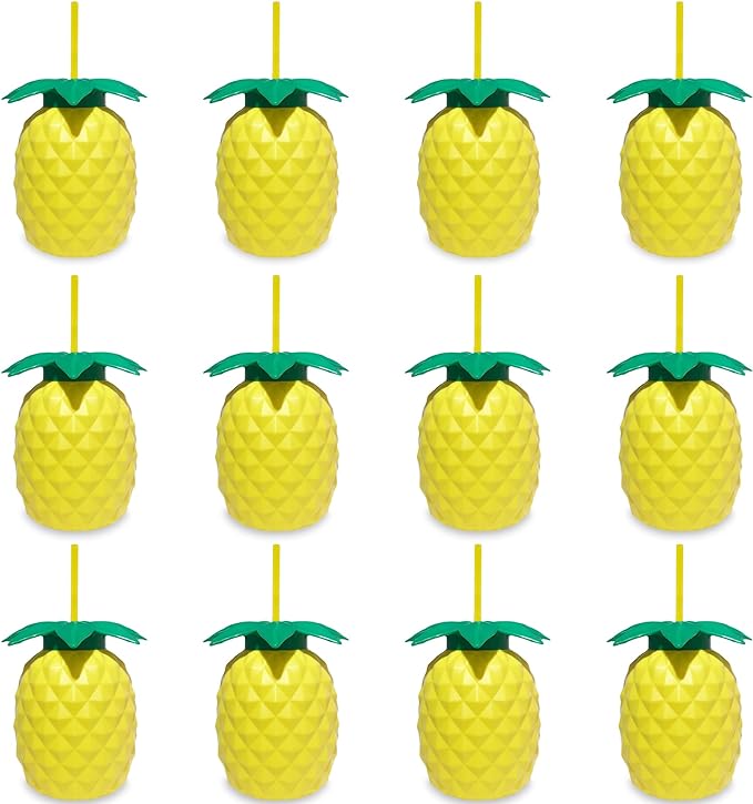 ArtCreativity Pineapple Plastic Cups Set - Pack of 12-17 oz. Big - Includes Screw-on Sipper - Spectacular Summer Beach Toys and Party Favors - Amazing Gift for Everyone