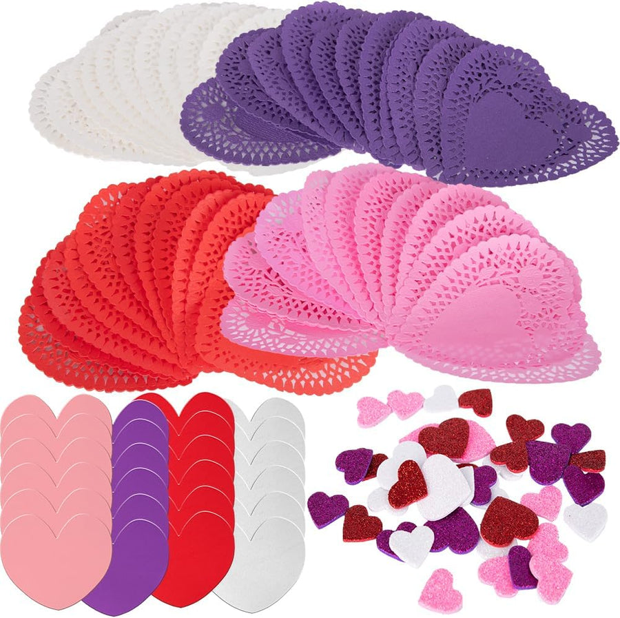 126+ Pcs Valentine's Day Heart Doilies Card Crafts for Kids - Valentine Day Crafts for Classroom Parties - Valentines Craft Supplies Kits with Heart Doilies and Glitter Foam Stickers