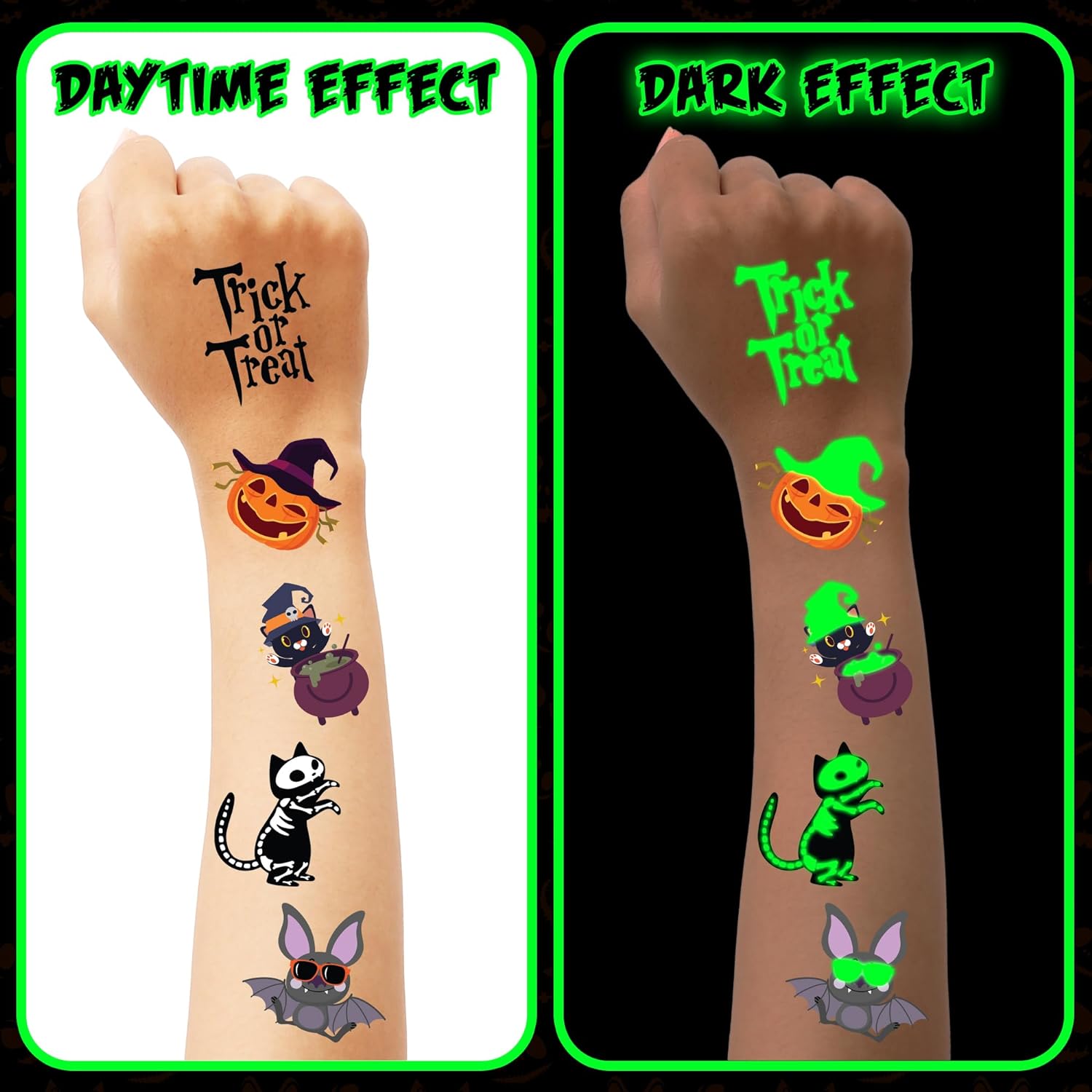Halloween Glow in the Dark Temporary Tattoos, Set of 144, Temporary Tats for Kids in 12 Spooky Designs, Easy to Apply & Remove, Halloween Party Favors for Kids, Trick or Treat Supplies