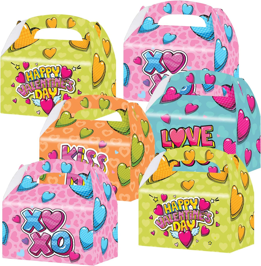 ArtCreativity Valentines Day Treat Boxes, Set of 12, Cardboard Paper Valentines Candy Boxes with Carry Handles, Themed Party Favor Boxes, Valentines Goodie Bags for Sweets, Toys, Gifts, and More