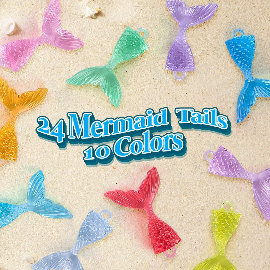 Acrylic Mermaid Tail Charms - Set of 24 - Mermaid Charms in 10 Assorted Colors - Mermaid Cake Topper Set with a Crystal Look - Mermaid Crafts for Necklaces, Earrings, and Keychains