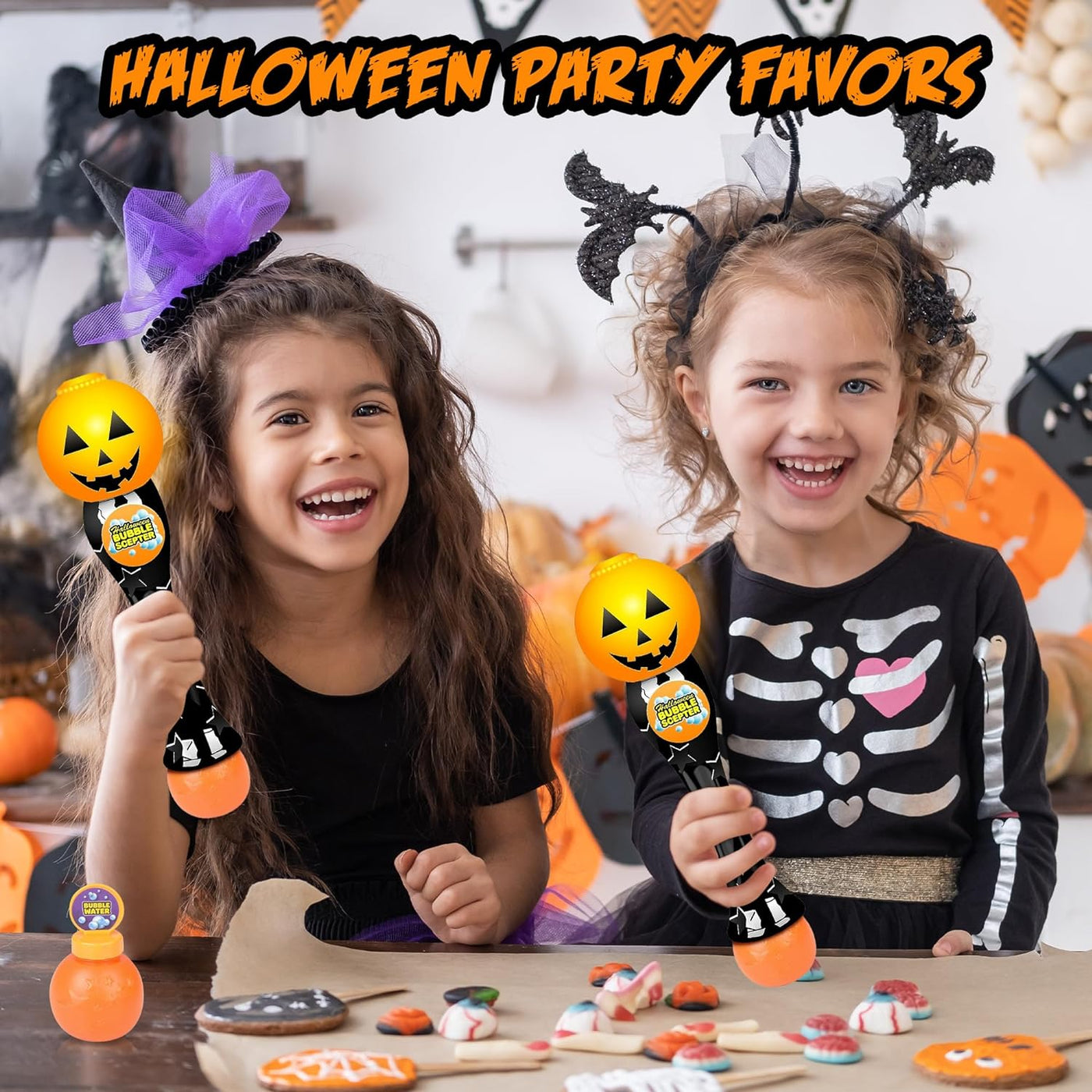 Halloween Bubble Wand, 14" Illuminating Bubble Wand for Kids, Halloween Light up Pumpkin Bubble Blower Wand with Thrilling LED & Sound Effect, Halloween Toys for Kids
