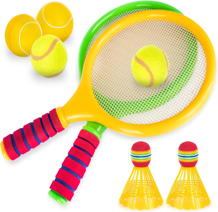 ArtCreativity Kids Badminton Rackets Set - 9 Piece Badminton Set with 2 Rackets, 2 Bridies, 2 Soft Balls, 2 Tennis Balls, and Storage Bag - Toy Badminton and Tennis Rackets for Kids with Accessories