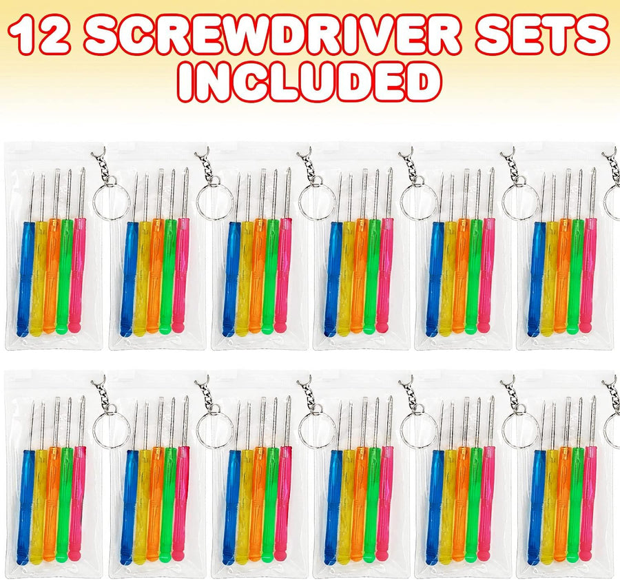 ArtCreativity 5 PC Mini Screwdriver Keychain Set, Pack of 12, Set Includes 5 Screw Drivers and Portable Pouch, Cool Birthday Party Favors for Boys, Girls, Adults, Goodie Bag Filler