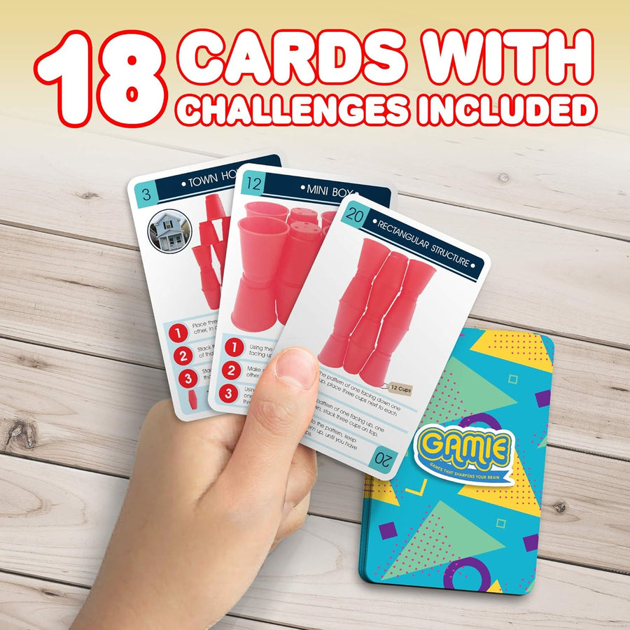 Stacking Cups Game with 18 Challenges and Water Timer, 24 Plastic Cups, Classic Family Game, Idea for Boys and Girls, Tons of Fun