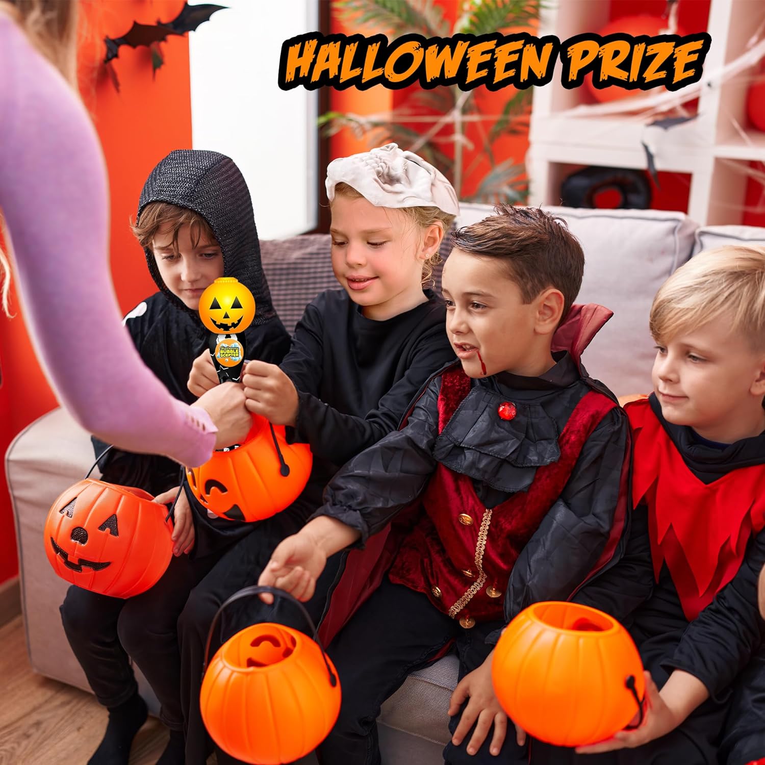 Halloween Bubble Wand, 14" Illuminating Bubble Wand for Kids, Halloween Light up Pumpkin Bubble Blower Wand with Thrilling LED & Sound Effect, Halloween Toys for Kids