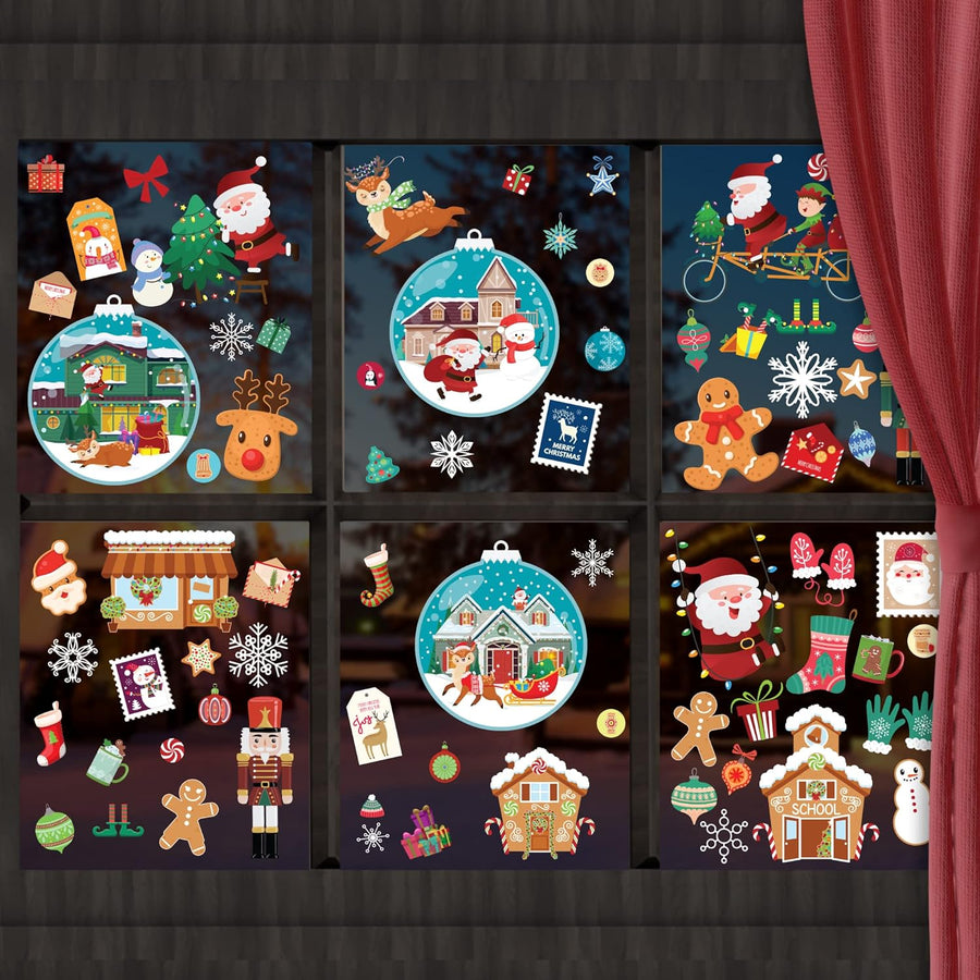 Christmas Window Clings, 300 Stickers Total, Christmas Decals for Windows, 75 Designs, Double Sided Holiday Window Clings, Decoration for Glass Windows, No Adhesive or Residue, 24 Sheets