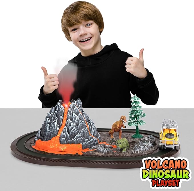 Volcano Dinosaur Playset for Kids, Mist Spouting Volcano Play Set, Dinosaur Toys for Boys, Volcano Science Kit, Volcano Toy Set with Simulated Volcanic Eruptions, Sounds, Wind-up Truck