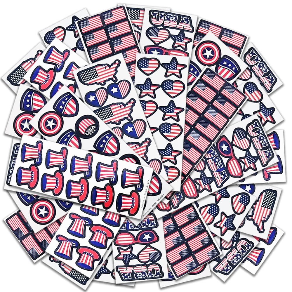 4th of July Stickers for Kids, Assorted USA Stickers, Patriotic Stickers for Kids, 100 Sheets with Over 1,000 American Flag Stickers, Memorial Day Crafts for Kids, Memorial Day Stickers Decorations