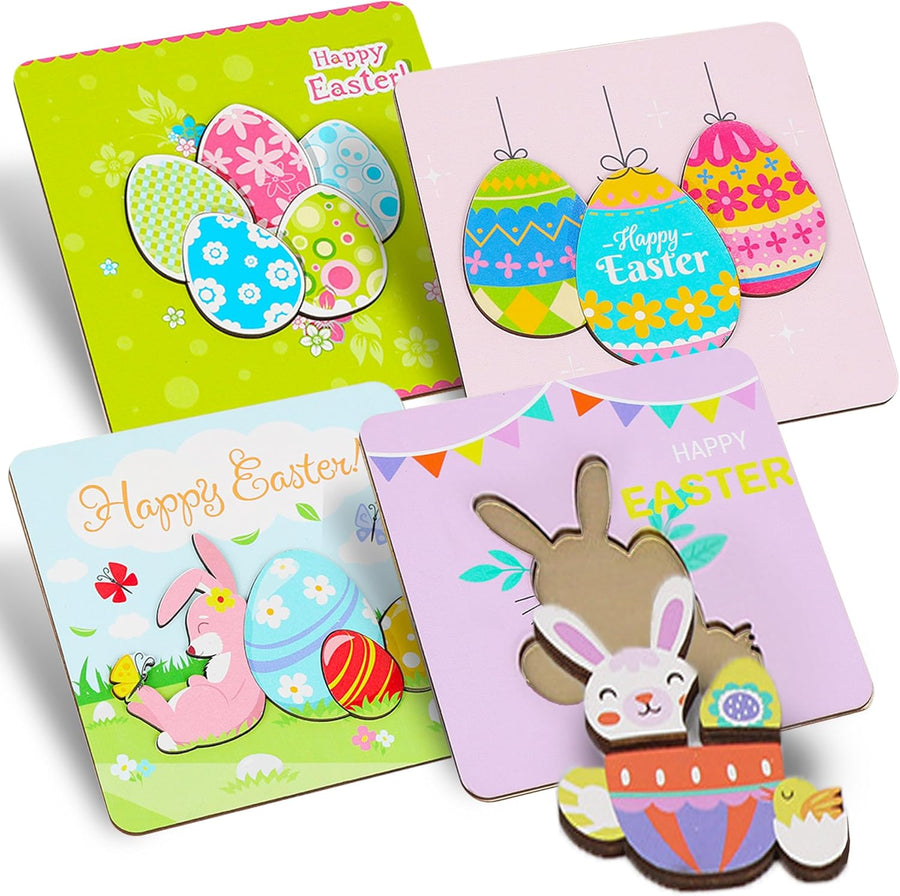Mini Wooden Easter Puzzles for Kids - Set of 4 - Toddlers’ Easter Puzzle Set in Spring Colors - Chunky Design for Easy Grasping - Easter Gifts for Young Children - Cute Decor Idea