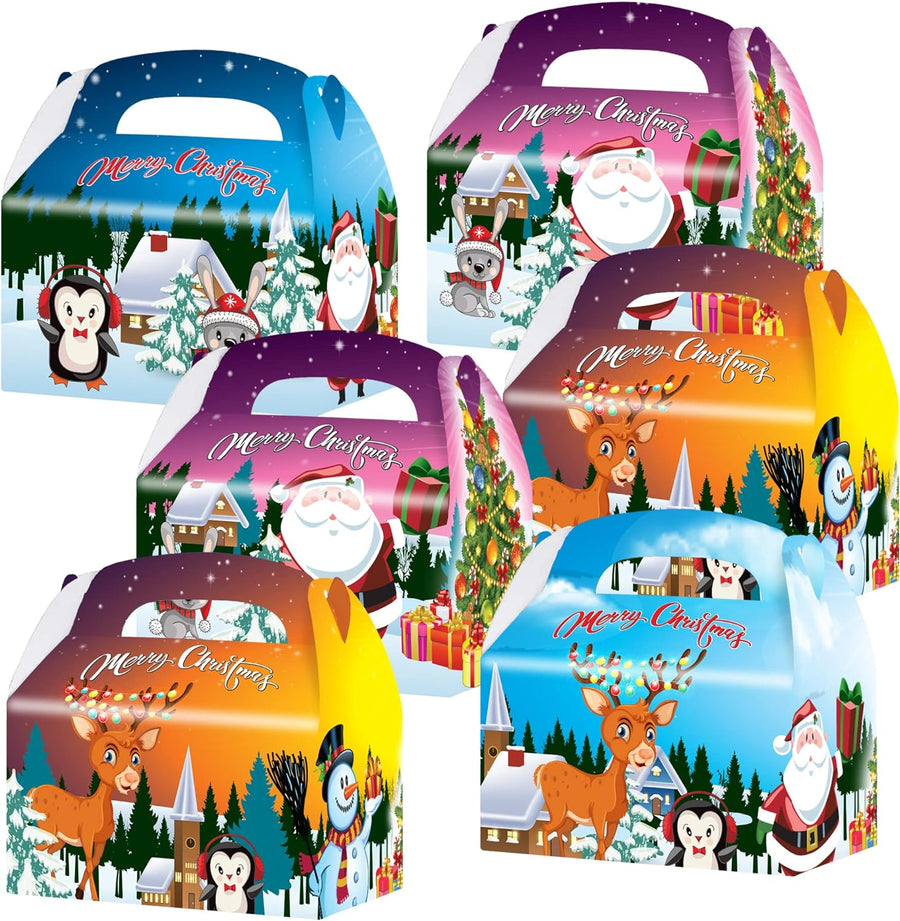 Christmas Treat Boxes, Set of 12, Cardboard Paper Christmas Candy Boxes with Carry Handles, Adorable Xmas and Holiday Supplies, Christmas Goodie Bags for Sweets, Toys, Gifts, and More
