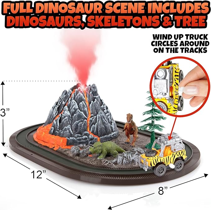 Volcano Dinosaur Playset for Kids, Mist Spouting Volcano Play Set, Dinosaur Toys for Boys, Volcano Science Kit, Volcano Toy Set with Simulated Volcanic Eruptions, Sounds, Wind-up Truck
