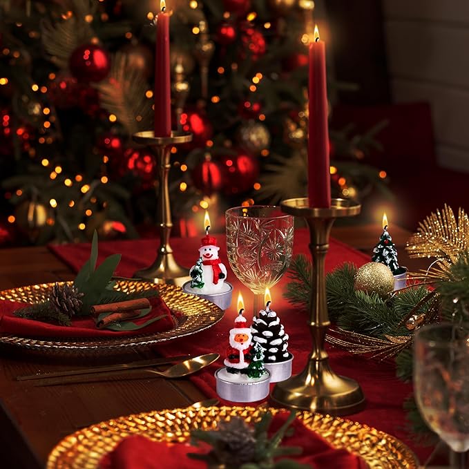 Bulk Christmas Candle Set - Includes 12 Christmas Tealight Candles in Festive Designs - Indoor Christmas Decorations - Xmas Party Supplies - Tealight Candles (Bulk) for Holiday Décor