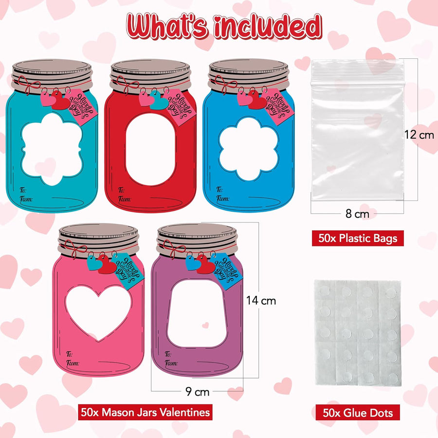 Mason Jar Valentines Cards - Set of 50 - Kids Valentine Candy Jar Cards with 50 Plastic Bags and Glue - DIY Classroom Gifts Exchange Cards for Boys and Girls - School Party Favors