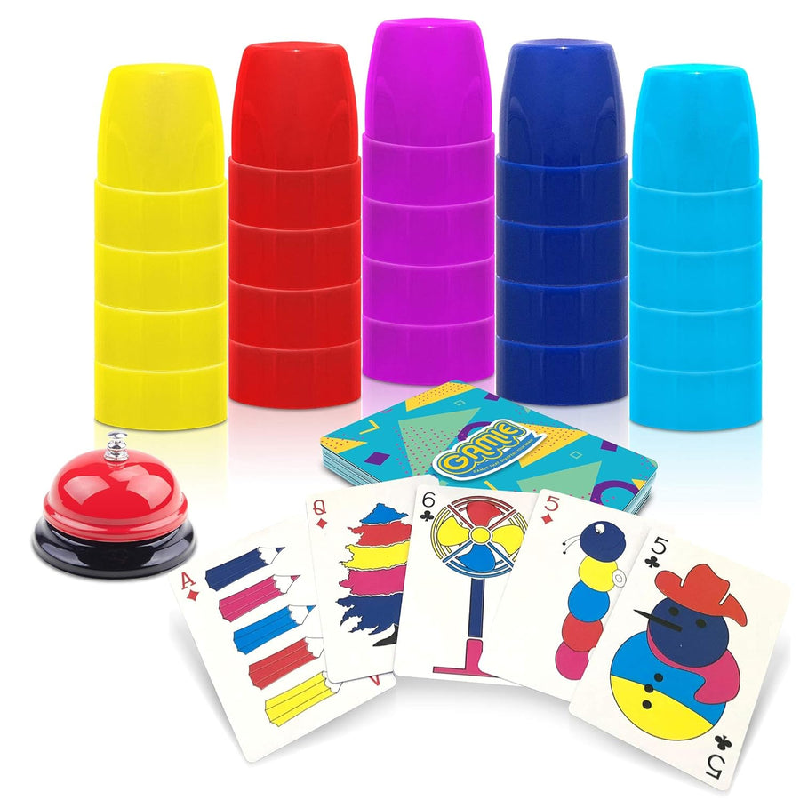 Stacking Cups Game - with 54 Challenges, 20 Stacking Cups, Bell and Instruction Sheet