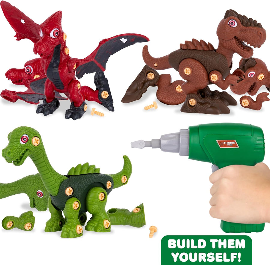 Take Apart Dinosaur Toys - Makes 3 Toy Dinosaurs - Take Apart Toy Set Includes Electric Drill, Assorted Tools, and Parts for T-Rex, Pterodactyl, and Brachiosaurus - Dino Gifts for Boy 4 5