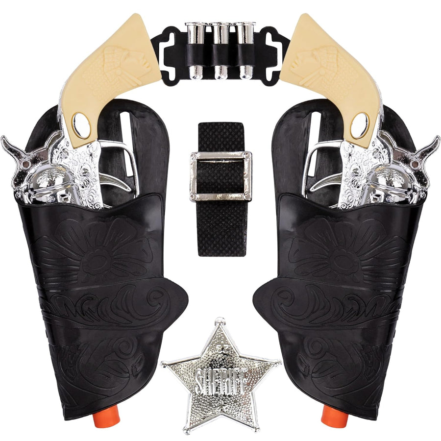 Cowboy Toy Gun Holster and Belt 9 Piece Set for Kids. 2 Toy Pistols, 1 Sheriff Badge, 2 Gun Holsters, and 3 Play Bullets, 1 Adjustable Belt, Old Western Action Belt for Sheriff, Halloween Costume