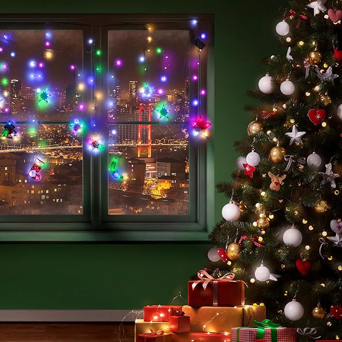 Window Christmas Lights - LED Christmas Curtain Lights with a Connecting Wire - Light Up Hanging Christmas Decorations for Holiday Decor - Indoor Christmas Curtain Lights with Pendants