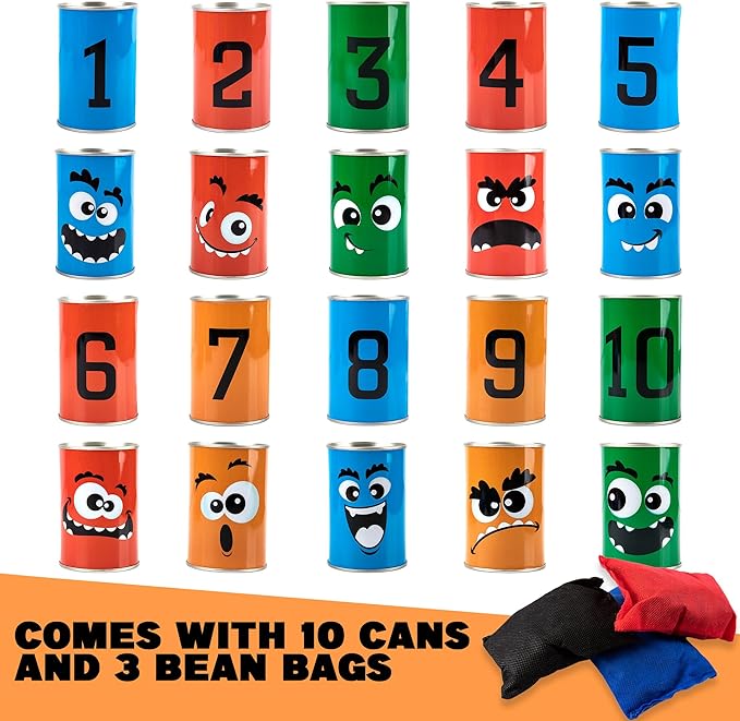 Halloween Carnival Bean Bag Toss Game - Halloween Party Game with 10 Tin Cans and 3 Bean Bags - Indoor and Outdoor Halloween Party Activity for Kids - Tossing Game for Kids 3 and Up