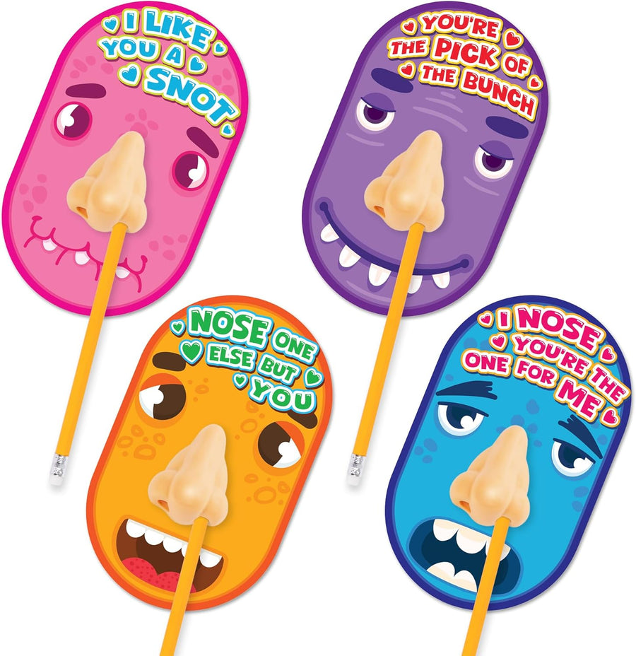 Funny Nose Pencil Sharpener with Valentines Cards - Set of 28 - Classroom Novelty Gag Prize with 28 Pencils, Glue, I Pick You Nose Designs - Kids Birthday Party Favor and Art Supplies