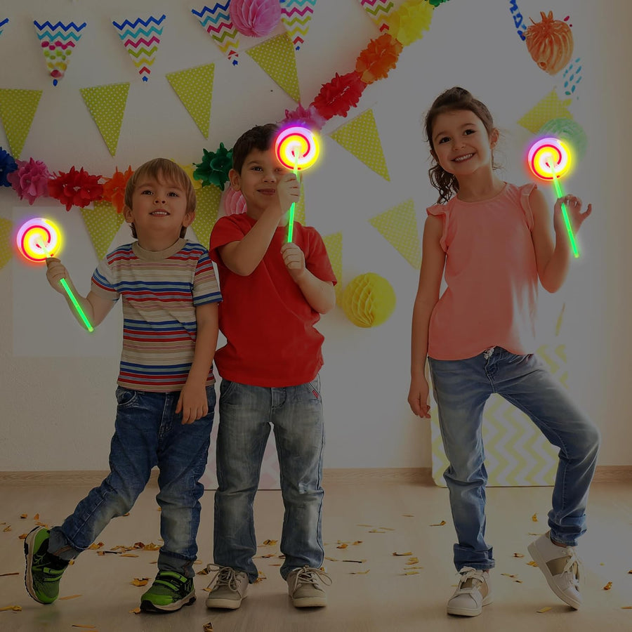 ArtCreativity Kids Glow Stick Lollipop Spinner Wands - Set of 12 Light Up Spinning Toys - Glow Stick Wands That Double as Gyro Top Spinners - DIY Glow Wand Wonka Party Favors for Kids