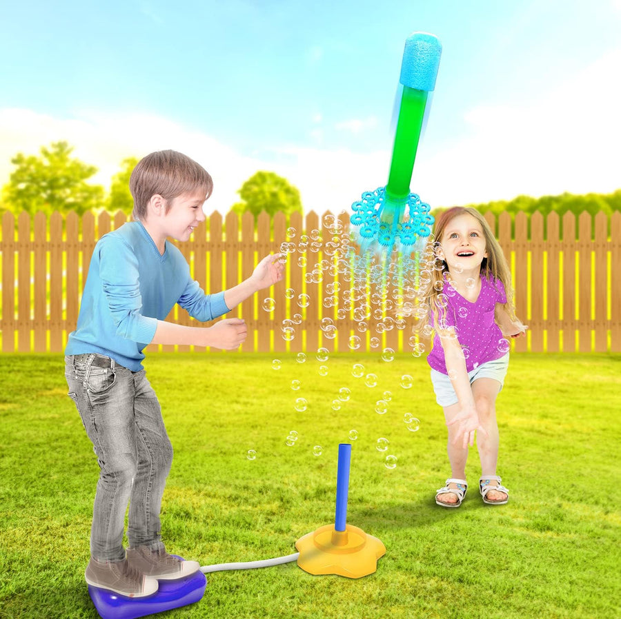 ArtCreativity Bubble Rocket Launcher Toy Set, Includes 2 Bubble Rockets, Bubble Solution, Pump, and Base, Flying Bubble Blaster Rockets for Hours of Outdoor Fun, Bubble Maker Gift for Kids
